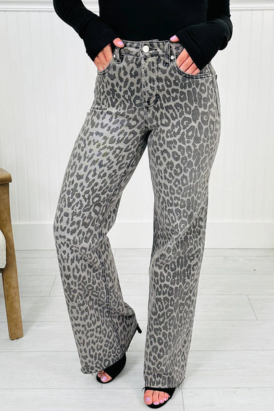 stylish women's high-rise leopard print jeans with tummy control and raw hem - comfortable fit for everyday outfits with practical styling and