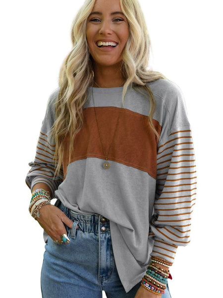Elegant Grey Striped Bishop Sleeve Top