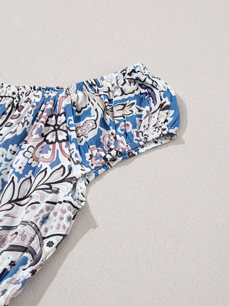 Printed V-Neck Off-Shoulder Short Sleeve Dress