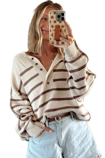 Women's Striped Viscose Blend Henley Knit Pullover Sweater