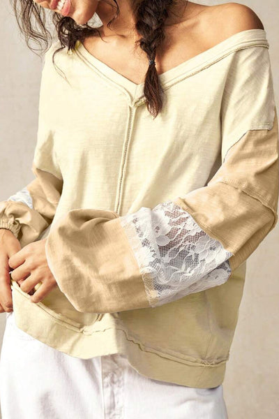 Women's Relaxed Fit Yellow and Cream Color Block V-Neck Top with Lace Patchwork Details and Exposed Seams