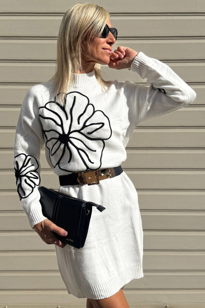 Chic Women's White Floral Embroidered Mini Dress with Mock Neck - Perfect Sweater Style for Spring & Summer Outings