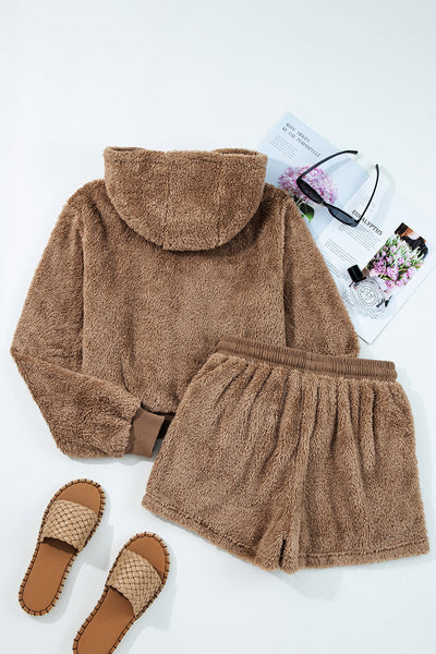Soft Beige Women's Sherpa Hoodie and Shorts Set - Casual Chic Loungewear for Ultimate Comfort and Style