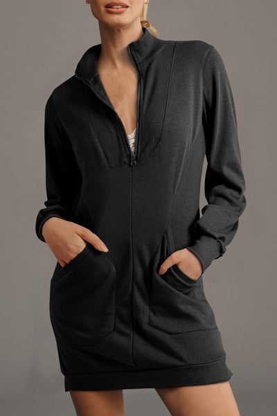 Women's Ribbed Patchwork Quarter-Zip Sweatshirt Dress in Charcoal