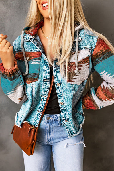 Trendy Women's Multicolor Aztec Print Denim Jacket with Frayed Hem Stylish Casual Fall Outerwear for Layering made for easy styling and wardrobe