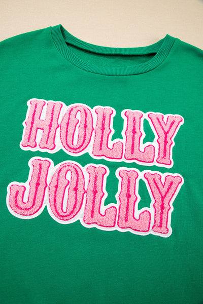 Women's Sea Green "Holly Jolly" Holiday Sweatshirt - Embroidered Towel Design, Cozy Comfort Fit for Festive Style