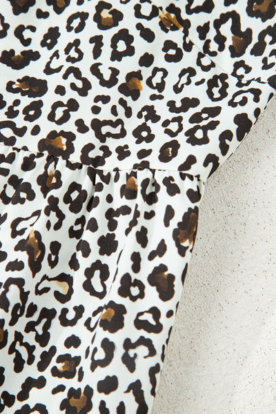 Plus Size Women's Trendy Khaki Leopard Print Mini Dress with Puff Sleeves and Button V-Neck for a Comfortable Fit