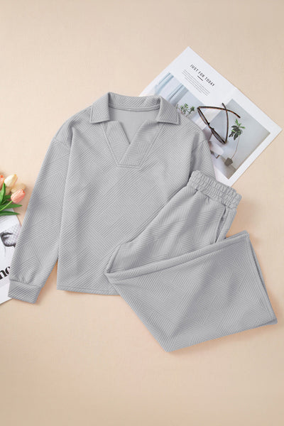 Stylish Women's Light Grey V-Neck Top with Collared Detail & Comfy Wide Leg Pants Set for Effortless Everyday Wear