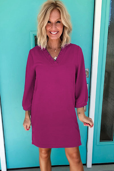 Fuchsia Frilled V-Neck Mini Dress with Bracelet Sleeves for Women - Ideal for Summer Parties and Festival Fun