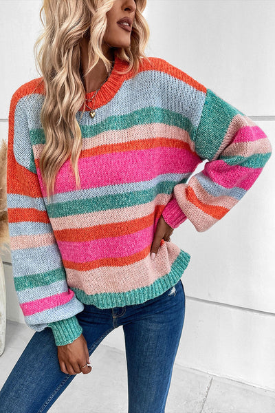 Cozy Women's Multicolor Striped Knit Sweater with Drop Shoulders and Puff Sleeves - Chic Casual Style for All Seasons