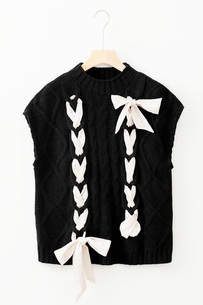Chic Women's Black Cable Knit Colorblock Sweater with Satin Bow - Short Sleeve Casual Top for Stylish Everyday Looks