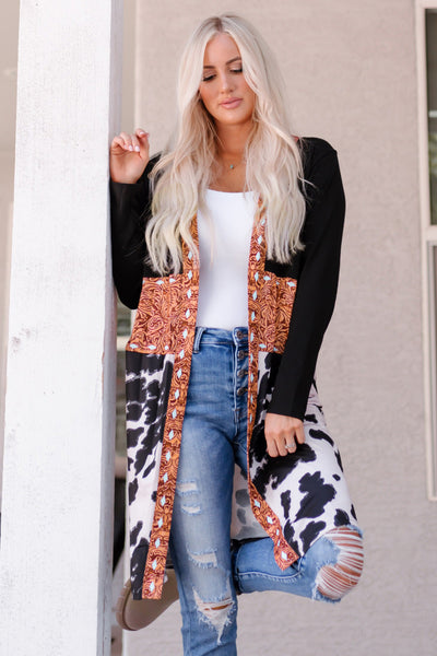 Chic Women's Black Cow Print Patchwork Cardigan - Cozy Open Front Layer for Trendy Western Style Outfits