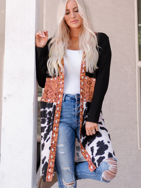 Cow Print Western Style Patchwork Cardigan
