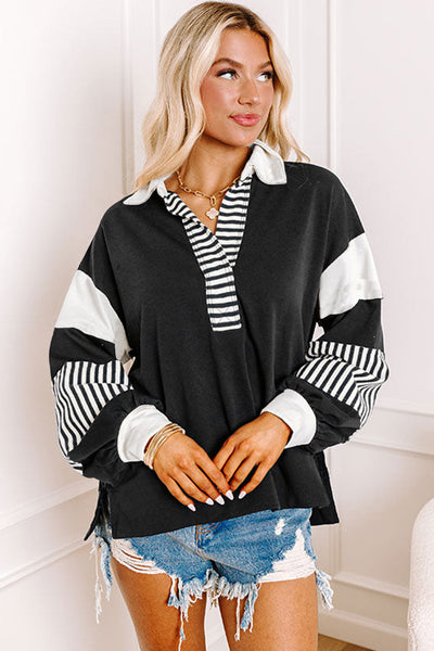 Trendy Women's Black Striped Colorblock Sweatshirt with Collar Stylish & Comfortable Casual Wear for Everyday Outfits