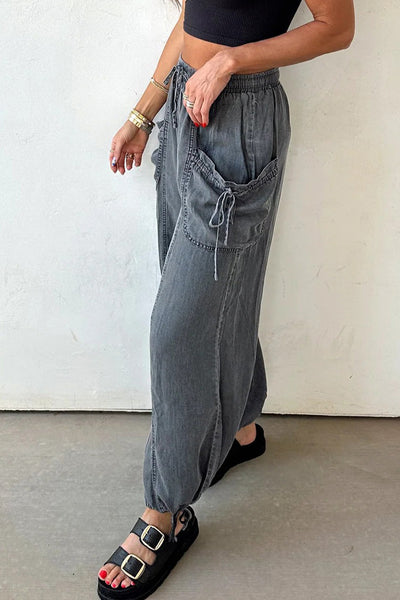 Stylish Medium Grey Denim Joggers for Women with Drawstring, Elastic Waist, Pockets, and Trendy Knot Hem