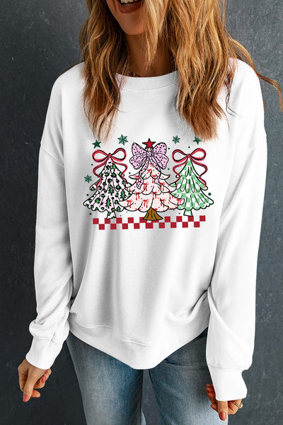 Women's White Bow Christmas Tree Graphic Sweatshirt
