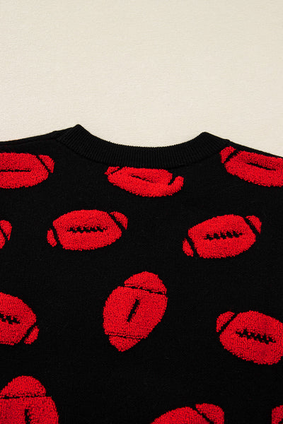 Women's Stylish Black Knit Short Sleeve Sweater with Rugby Print Comfortable Casual Top for Everyday Fashion