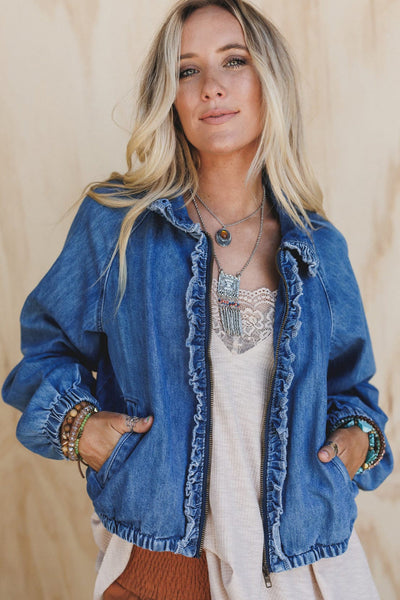 Stylish Women's Real Teal Denim Jacket with Frilled Trim, Zip-Up Closure, and Elastic Cuffs for a Casual Chic Look