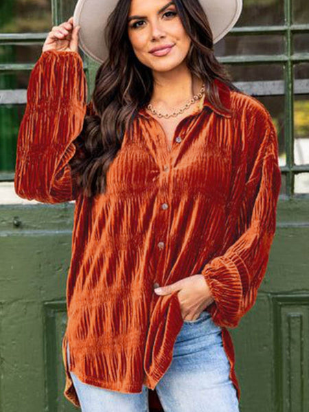 Women's Velvet Orange Lantern Sleeve Button Up Shirt