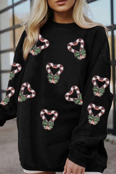 Women's Black Heart Candy Cane Sequin Fleece Sweatshirt