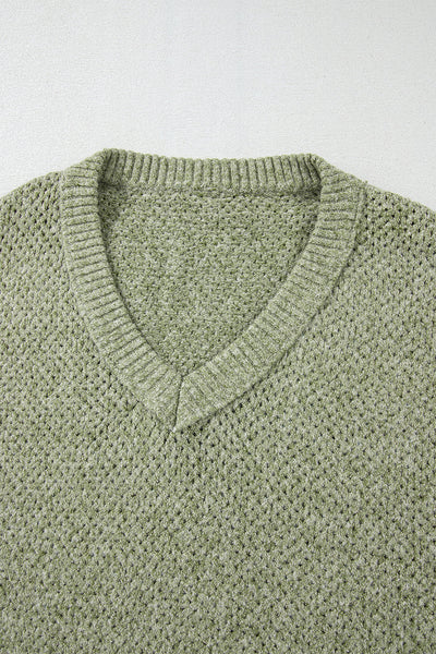 Women's Cozy Jungle Green Loose Eyelet V-Neck Sweater - Stylish Drop Shoulder Knitwear for Effortless Casual Chic
