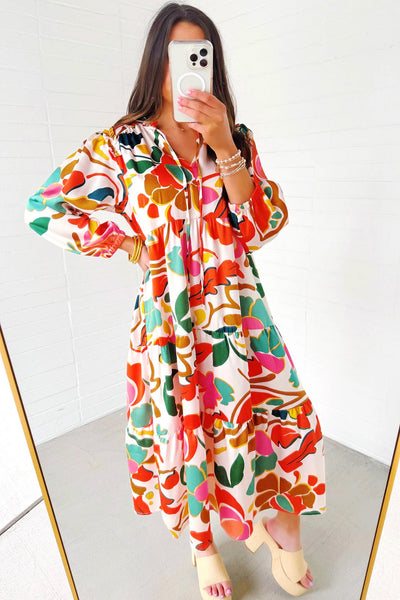 Boho Chic Women's Orange Floral Split V-Neck Tiered Maxi Dress for Effortless Summer Elegance and Comfort