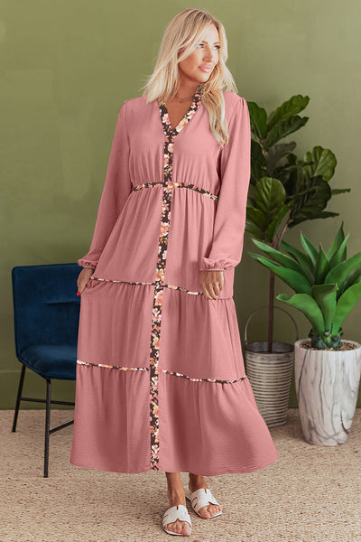Women's Bohemian Peach Blossom Floral Maxi Dress with Patchwork, Long Sleeves, and Notched Neck for Effortless Style