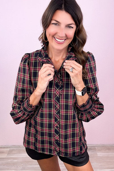 Trendy Women's Multicolored Plaid Puff Sleeve Blouse with Frill Collar - Chic Style for Fashionable Outfits