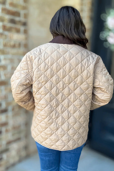 Cozy Women's Color Block Quilted Winter Jacket in Parchment with Snap Buttons and Pockets for Chic Warmth