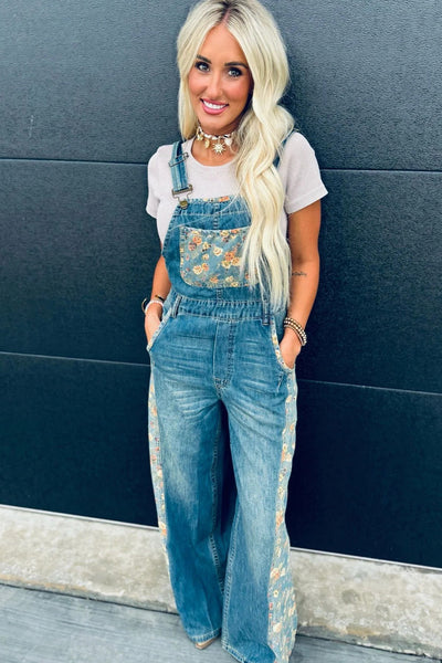 stylish women's peacock blue floral patchwork wide leg denim overalls - comfortable fashion for casual outings made for easy styling and wardrobe with
