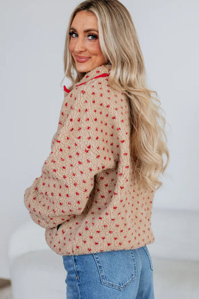 chic women's khaki sherpa pullover sweatshirt with contrast trim and dotty print cozy and trendy layering essential with practical styling and