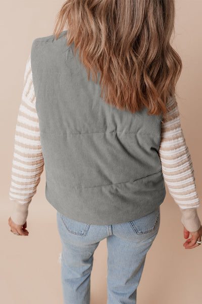 Women's Sage Gray Corduroy Puffer Vest with Stand Collar