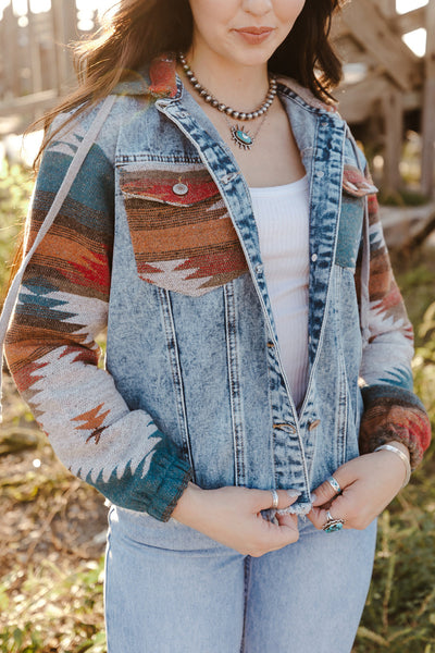 Trendy Women's Multicolor Aztec Print Denim Jacket with Frayed Hem Stylish Casual Fall Outerwear for Layering made for easy styling and wardrobe