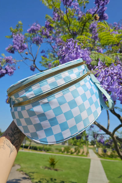 Women's Mist Blue Checkered Polyester Crossbody Bag with Wide Strap