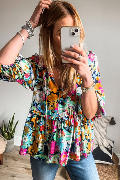 Chic Women's Multicolor Floral Ruffled Blouse with Bubble Sleeves and V-Neck for Effortless Everyday Style