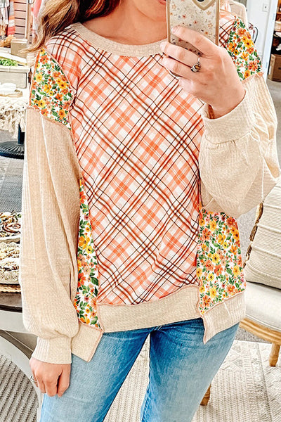 Women's Beige Floral Plaid Patchwork Knit Top with Textured Uneven Hem - Casual and Chic Everyday Wear