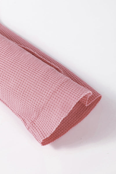 Women's Relaxed Fit Pink Waffle Knit Long Sleeve Collared Top - Stylish Half Button Design for Casual Comfort