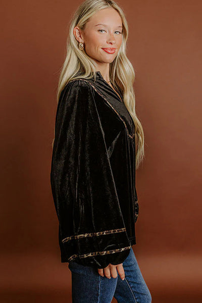 Elegant Women's Black Velvet Puff Sleeve Top with Notched Neck and Leopard Trim - Chic Casual Fashion Statement