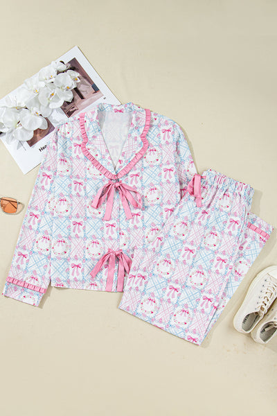 Cozy Women's Pink Holiday Pajama Set with Bow Wreath Pattern Long Sleeve Tied Front 2-Piece Christmas Sleepwear