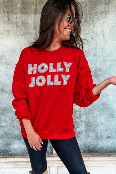 Cozy Women's Racing Red HOLLY JOLLY Christmas Sweatshirt - Festive Graphic Top for Holiday Cheer and Comfort