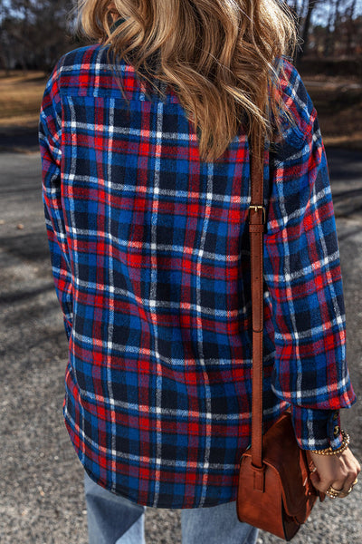 Women's Stylish Navy Blue Plaid Shacket with Flap Pockets - Trendy Button-Up Layering Essential for Fall Outfits