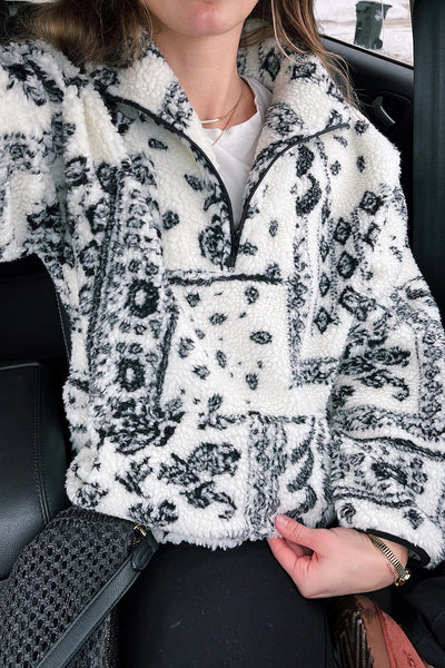 Cozy Oversized Black Sherpa Quarter Zip Sweatshirt for Women with Trendy Western Print Stylish Casual Top