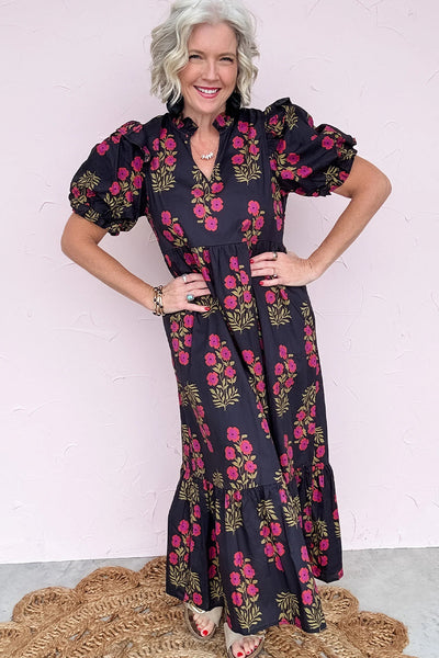 Beige Floral Tiered Maxi Dress for Women with Short Bubble Sleeves - Ideal for Spring and Summer Gatherings