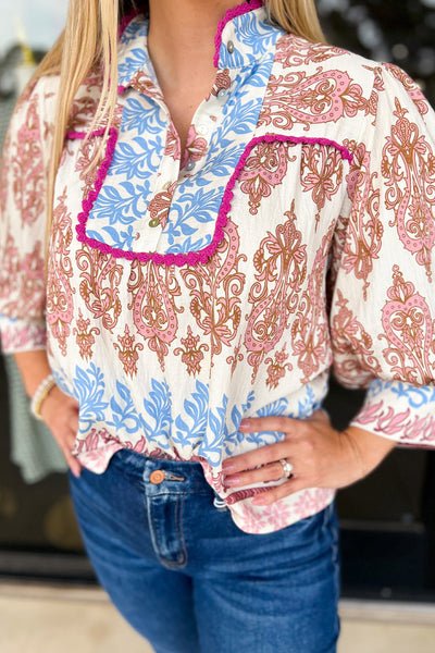 Women's Pink Abstract Floral Blouse with 3/4 Puff Sleeves, Button Front, and Collared Design for Effortless Style