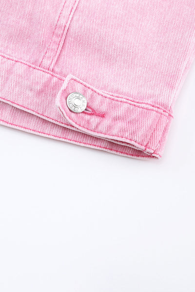 Women's Pink Acid Wash Button Flap Pocket Denim Jacket