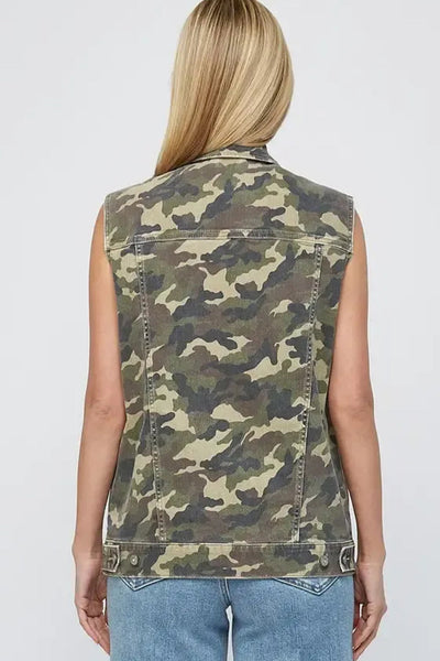 Women's Casual Green Camouflage Denim Vest with Button Closure and Functional Cargo Pockets for a Trendy Look made for easy styling and wardrobe
