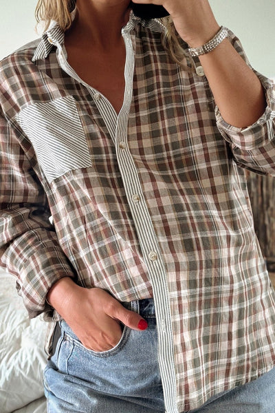 Women's Mixed Media Plaid and Stripe Button-Up Blouse with practical styling and dependable silhouette control.
