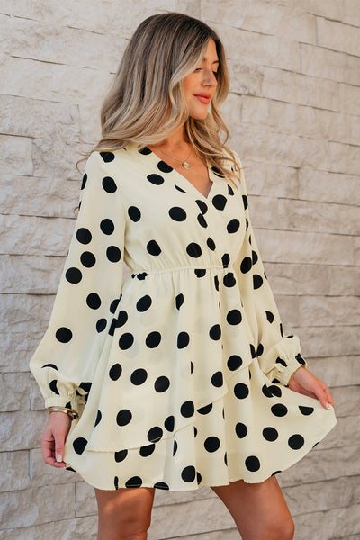 Trendy Women's Beige Polka Dot Surplice Mini Dress with Puff Sleeves Perfect for Casual Summer Outings