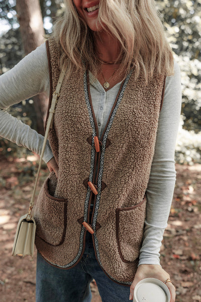 Women's Dark Khaki Sherpa Vest with Geometric Trim and Toggles with practical styling and dependable silhouette control.