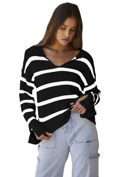 Women's Striped V-Neck Viscose Blend Slit Sleeve Sweater